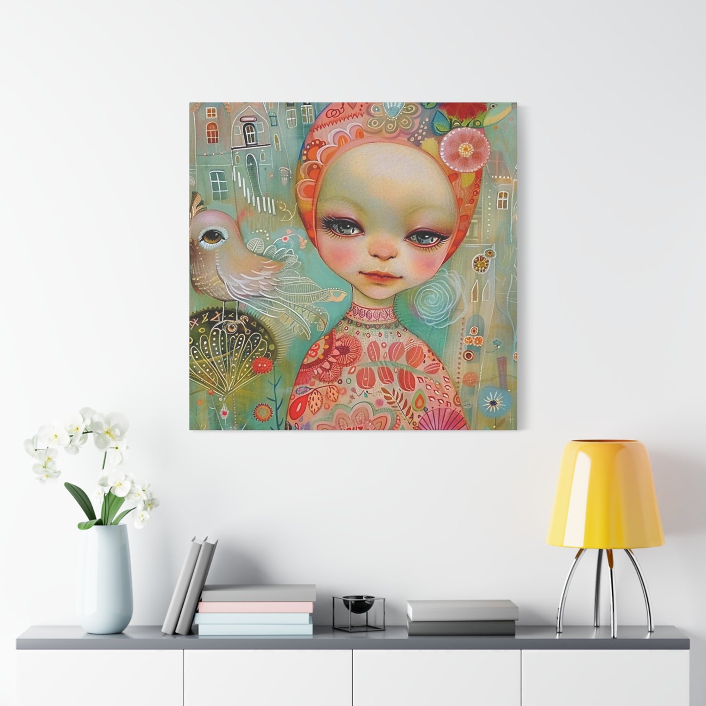 Whimsical Girl & Bird Matte Canvas Wall Art — Stretched Decorative Painting
