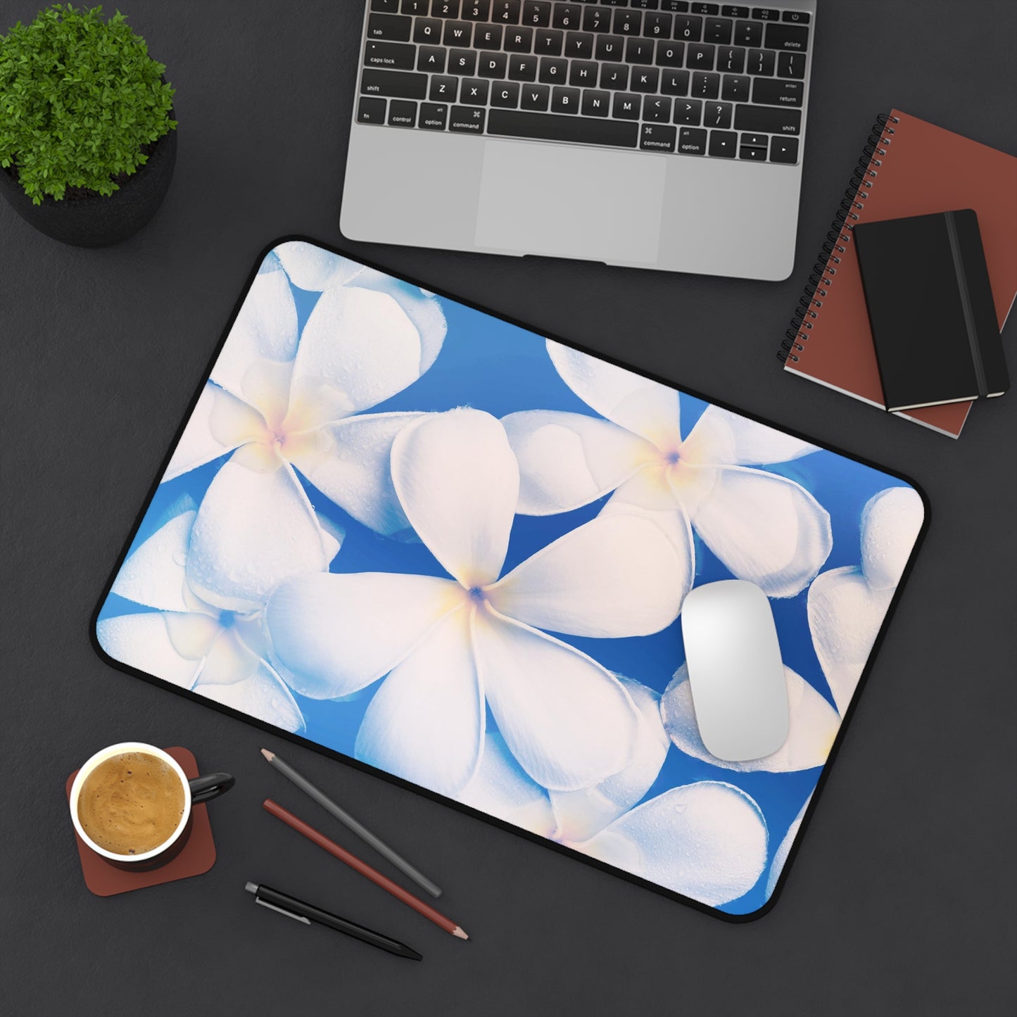 Plumeria Floral Desk Mat — Tropical White Flower Mouse Pad