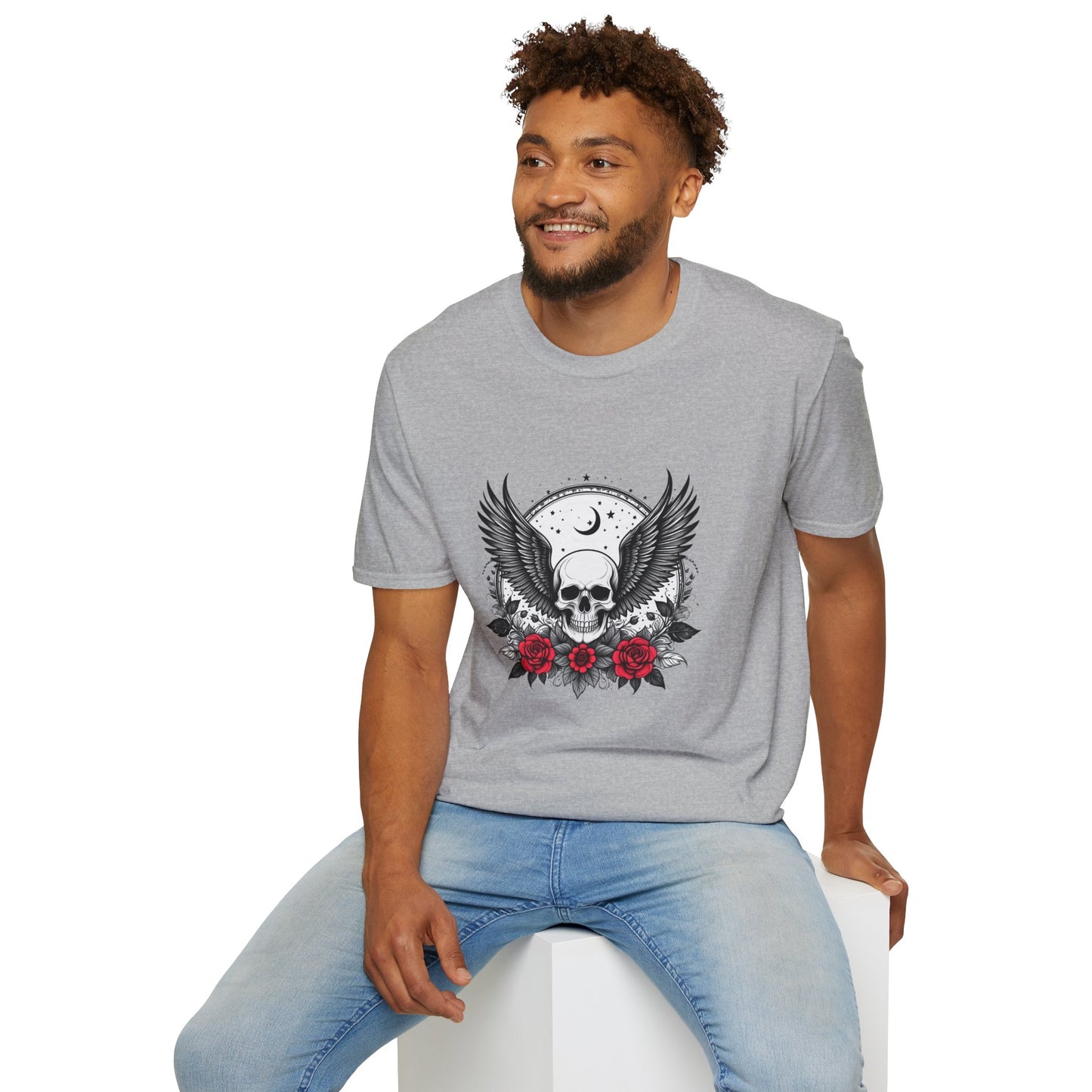 Skull Wings T‑Shirt – Crescent Moon & Red Roses Gothic Graphic Tee