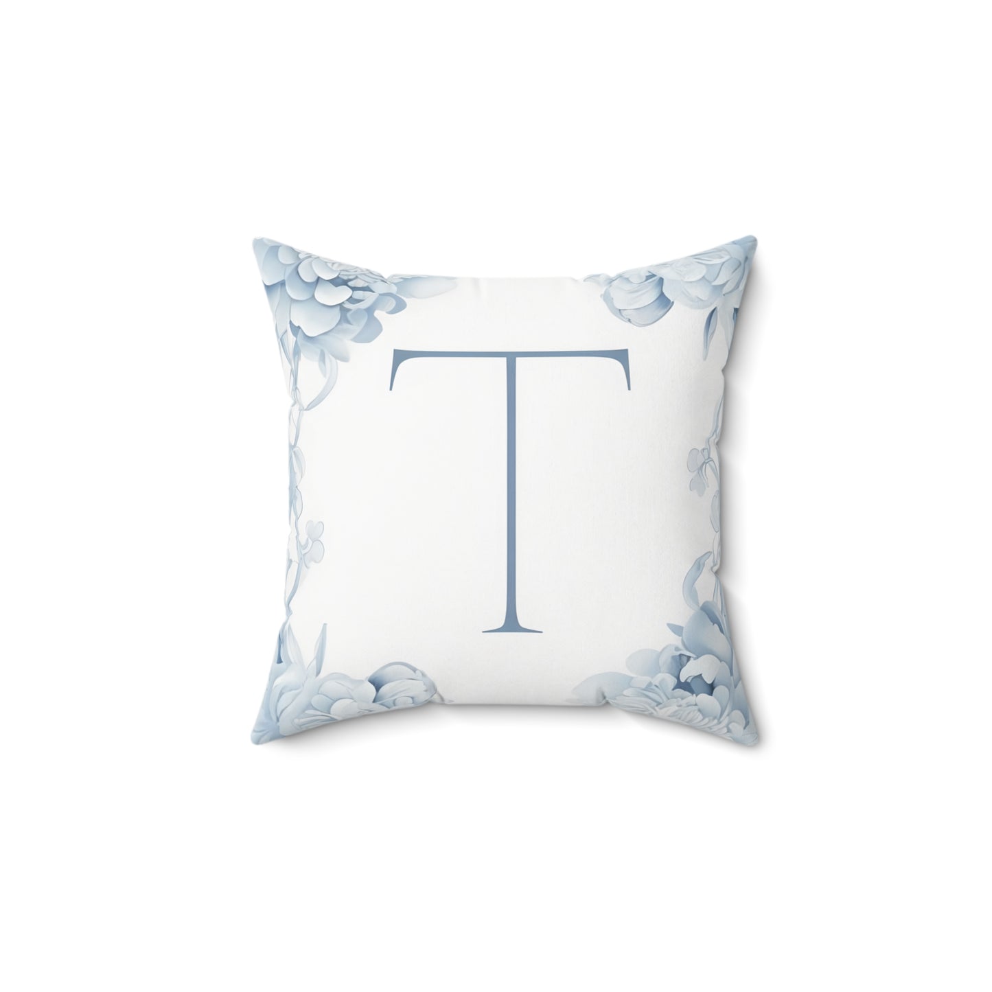 Monogram Pillow — Blue Floral Initial 'T' Decorative Throw Pillow