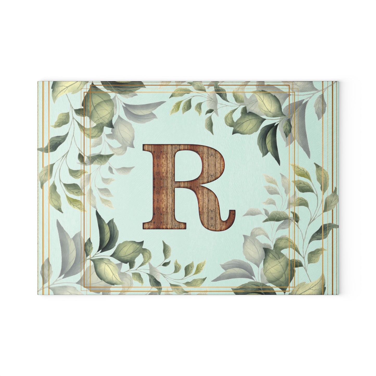 Monogram Glass Cutting Board — Rustic Wood “R” with Greenery Border
