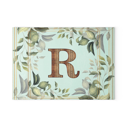 Monogram Glass Cutting Board — Rustic Wood “R” with Greenery Border