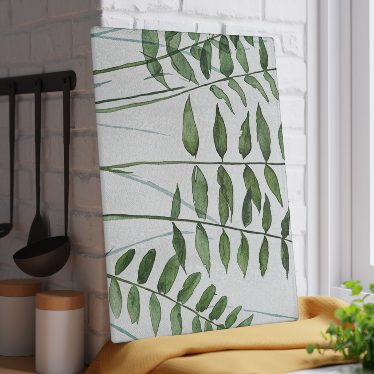 Glass Cutting Board - Green Watercolor Ferns Kitchen Prep Board