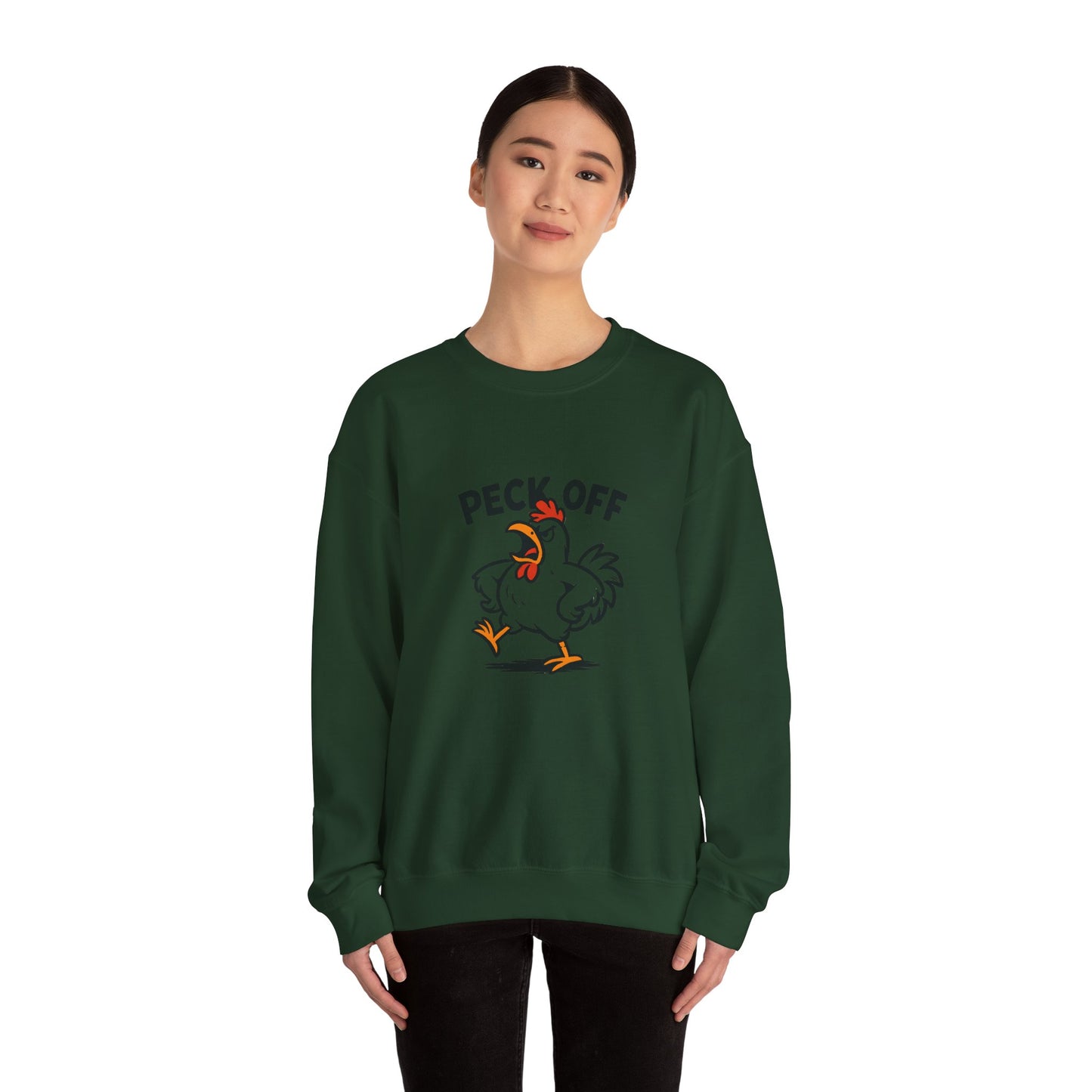Crewneck Sweatshirt — 'Peck Off' Funny Angry Chicken Graphic