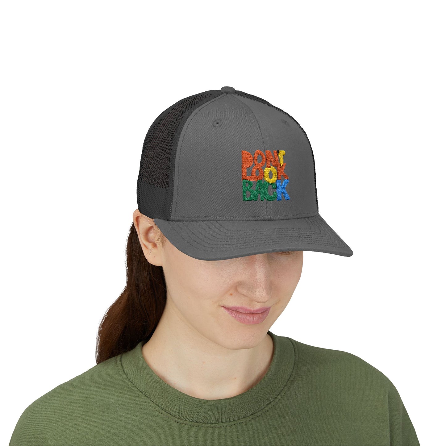 Don’t Look Back Snapback Trucker Cap — Retro Rainbow Embroidered Hat