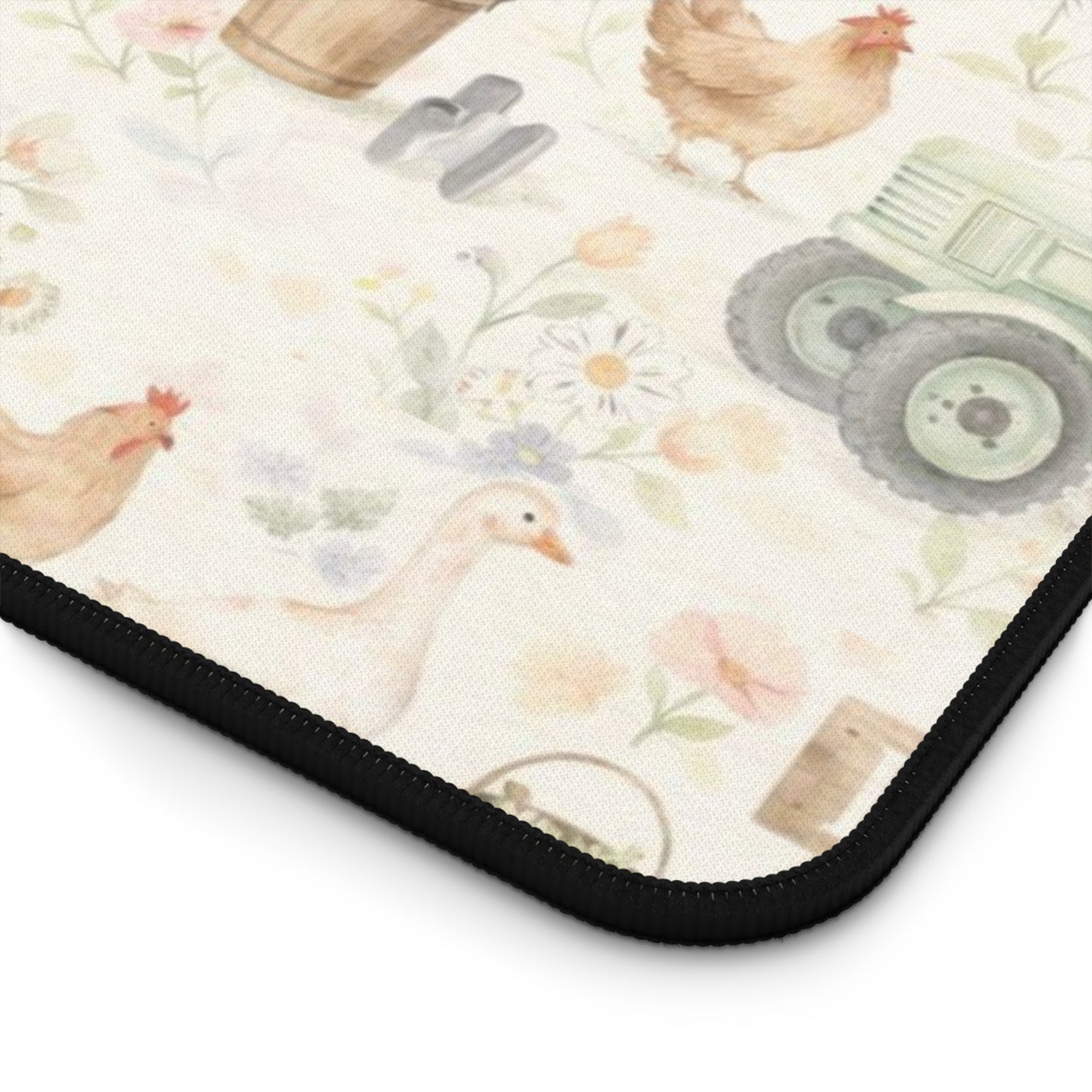 Farmhouse Animals Desk Mat — Vintage Tractor, Pig & Chicken Pattern