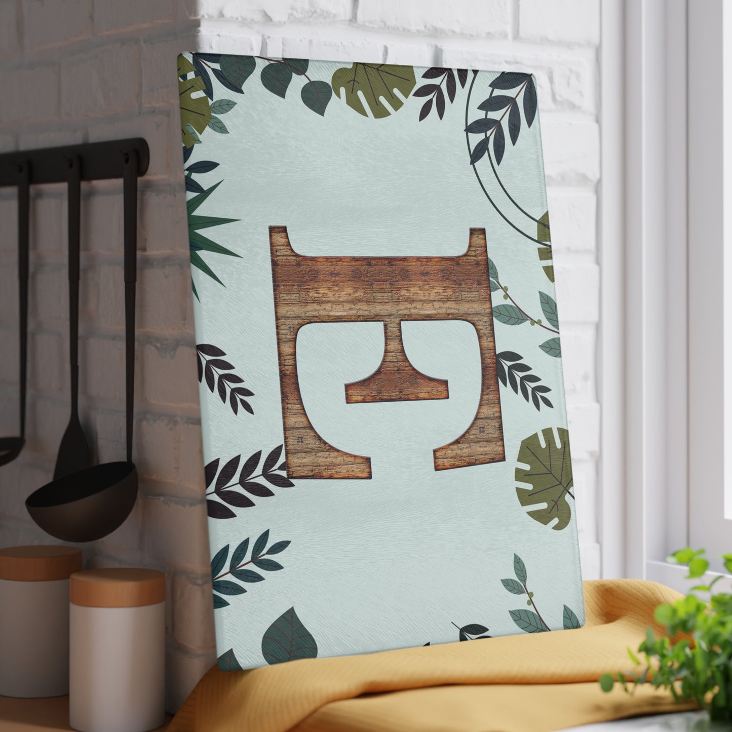 Monogram Glass Cutting Board — Rustic Wood ‘E’ with Tropical Leaf Border