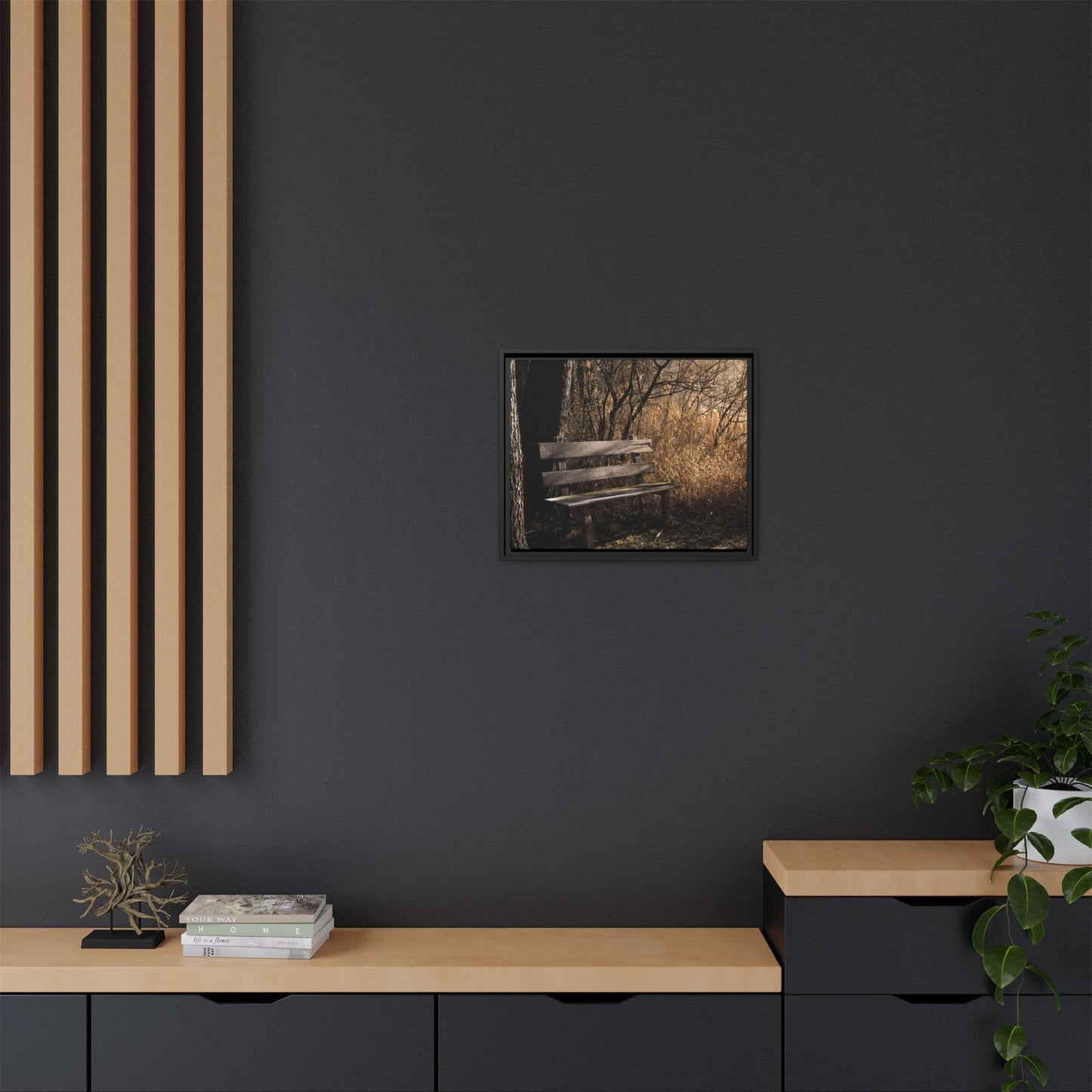 Framed Matte Canvas Print — Autumn Park Bench Photography
