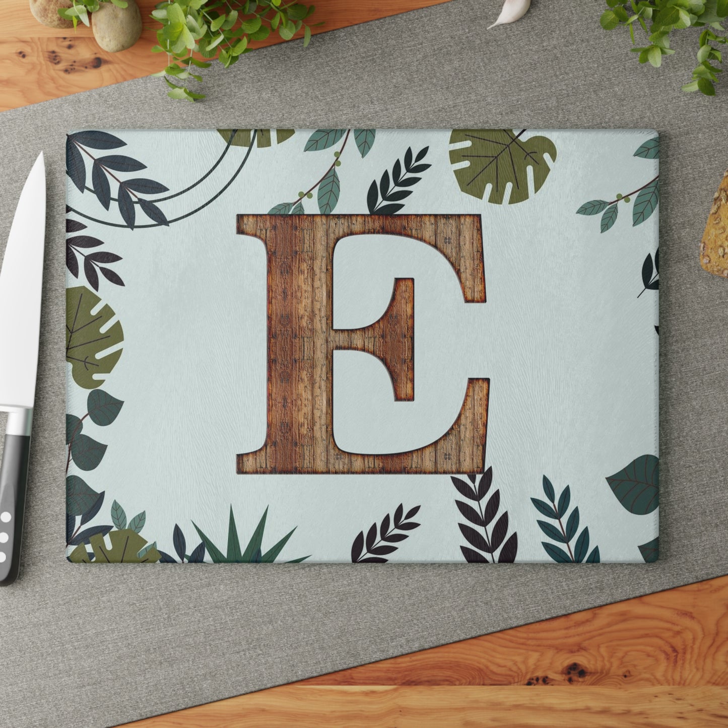 Monogram Glass Cutting Board — Rustic Wood ‘E’ with Tropical Leaf Border