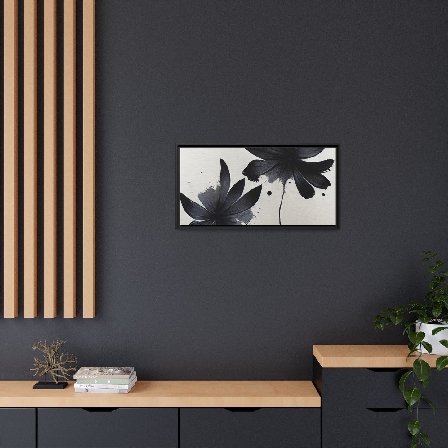 Framed Black Floral Matte Canvas Wall Art — Monochrome Botanical Print