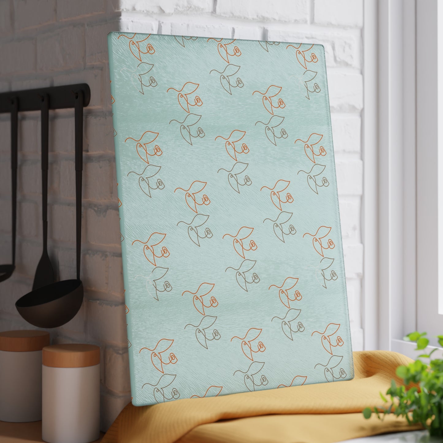 Floral Line Art Glass Cutting Board — Minimal Rose Pattern on Mint or White