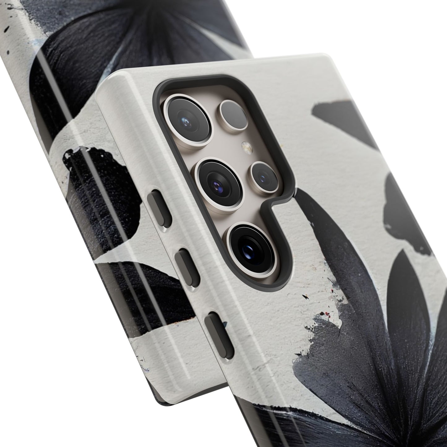 Monochrome Floral Tough Phone Case — Black Ink Flower Protective Cover