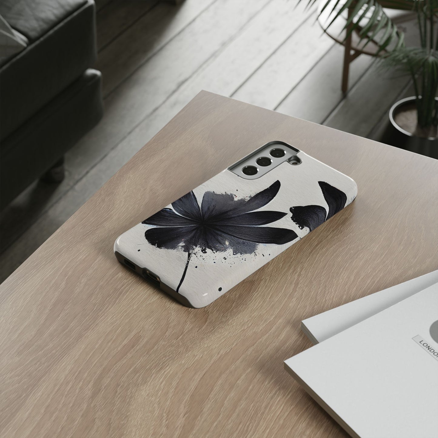 Monochrome Floral Tough Phone Case — Black Ink Flower Protective Cover
