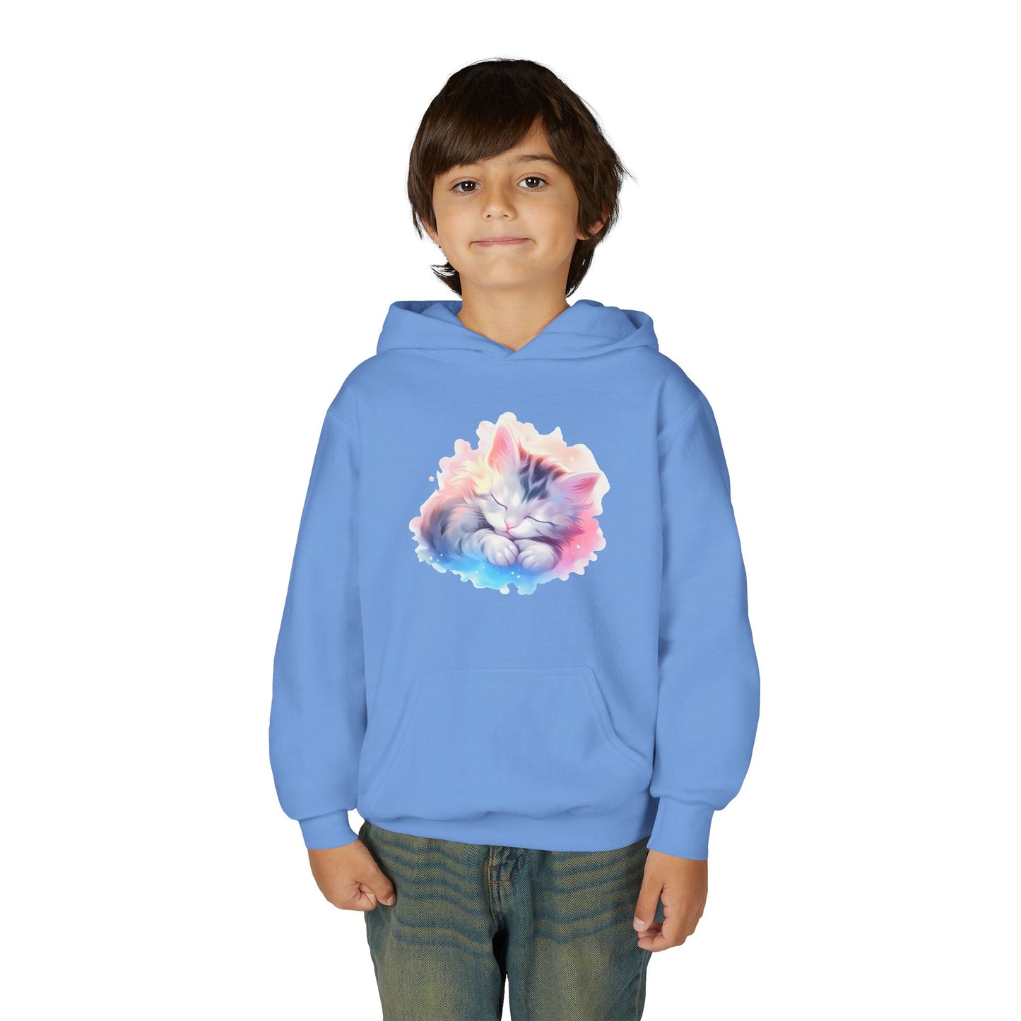 Kids' Cozy Rainbow Kitten Hoodie — Cute Sleeping Cat Youth Sweatshirt