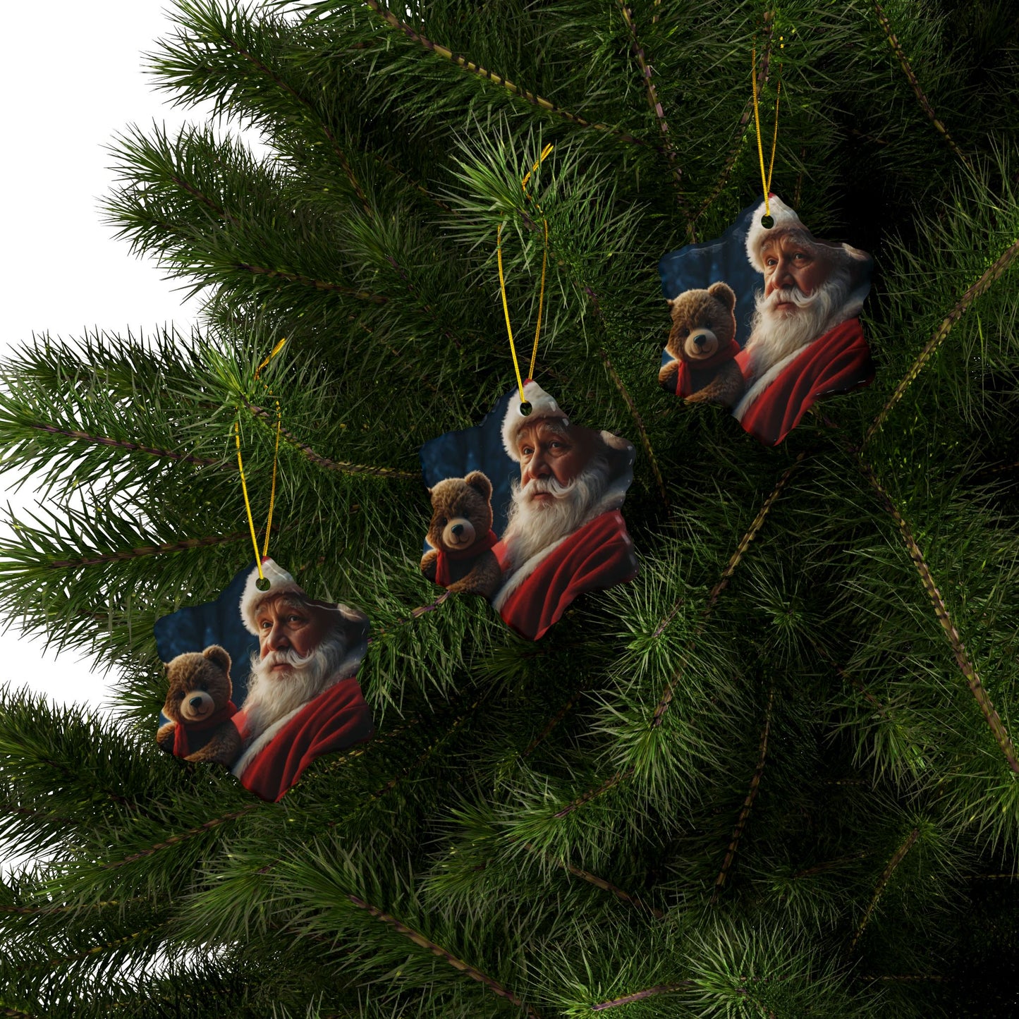 Santa Bear Ceramic Ornaments - 2-Sided Christmas Decor, Holiday Gifts, Tree Decorations, Set of 1, 3, 5, 10