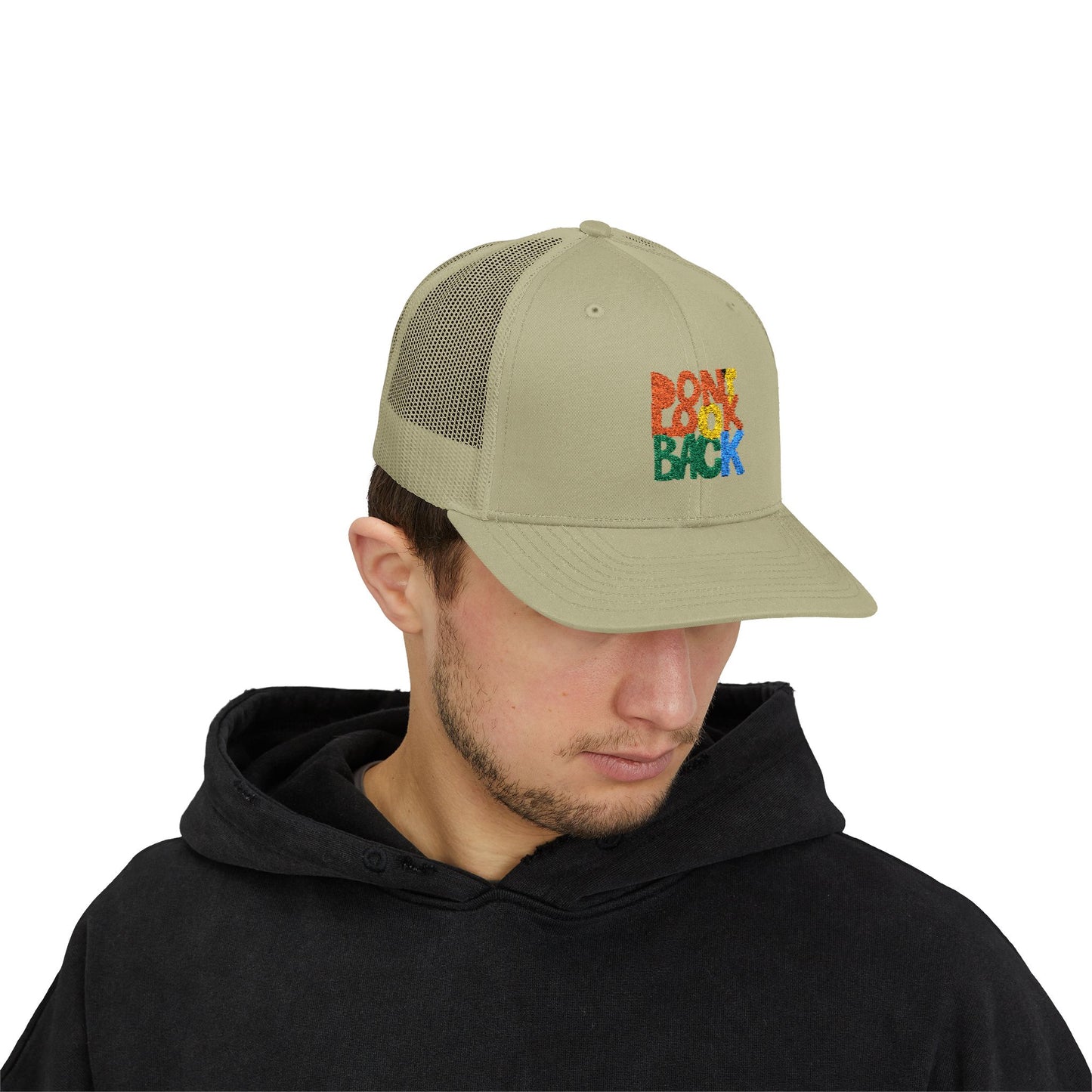 Don’t Look Back Snapback Trucker Cap — Retro Rainbow Embroidered Hat