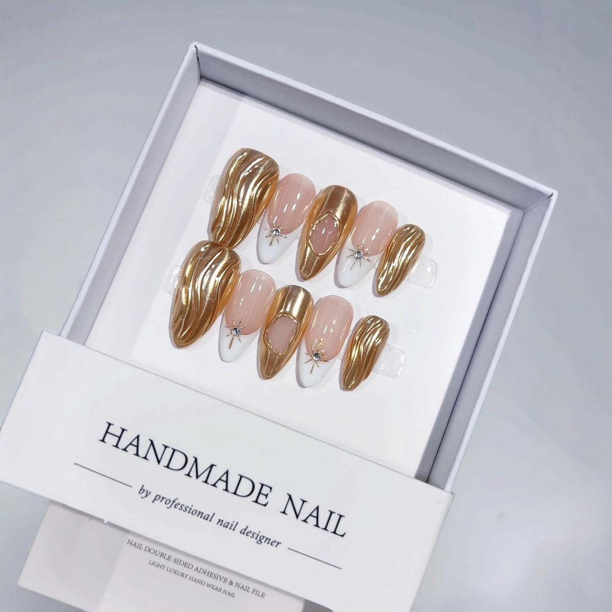 Liquid Gold: "Gilded Wave" – Almond Shape Handmade Press-On Nails – Image 3