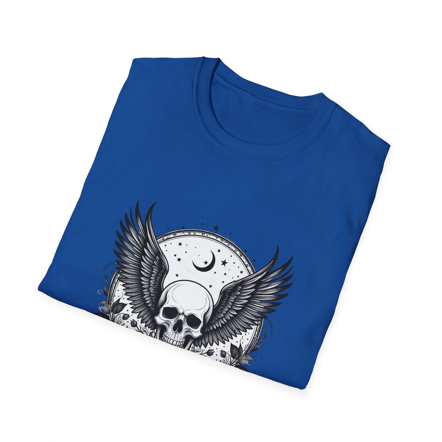 Skull Wings T‑Shirt – Crescent Moon & Red Roses Gothic Graphic Tee