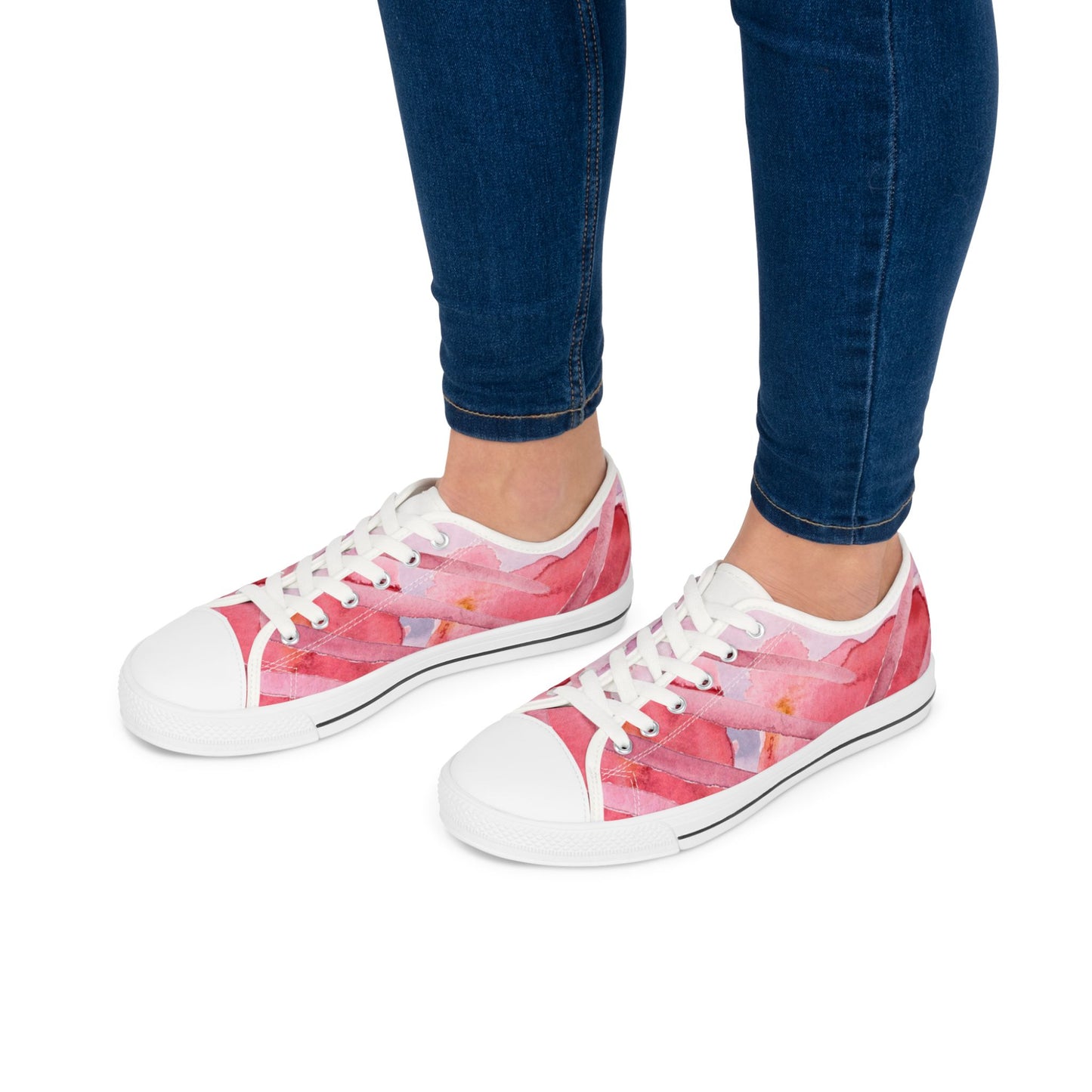 Pink Watercolor Floral Low Top Sneakers — Casual Canvas Shoes