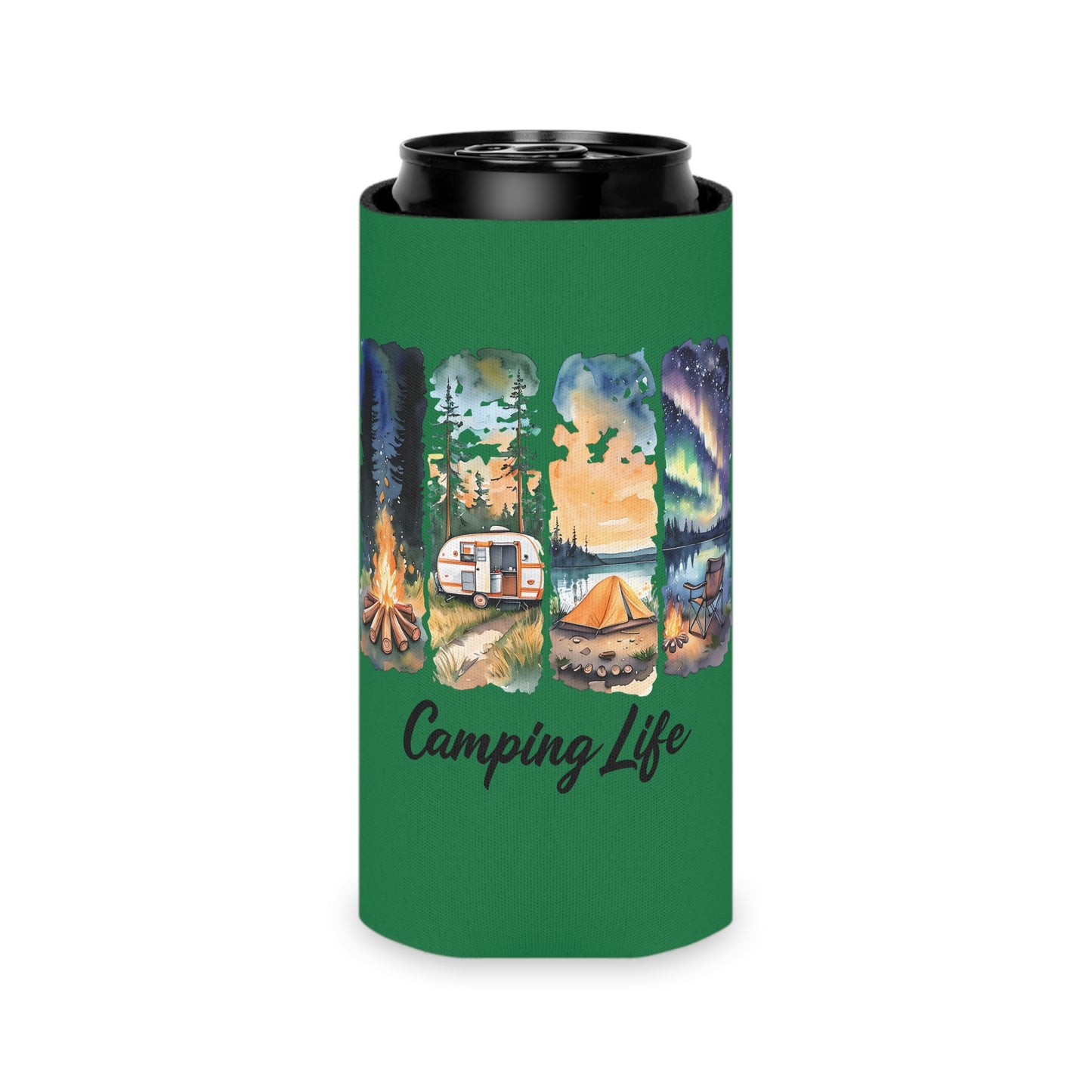 Camping Life Can Cooler – Insulated Beer Cooler with Campsite Watercolor Design
