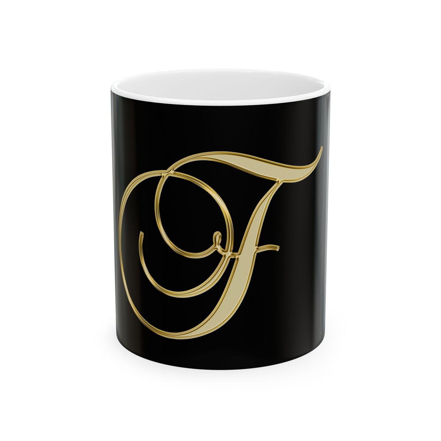 Gold Script Letter F Ceramic Mug — Elegant Monogram Coffee Cup (11oz, 15oz)