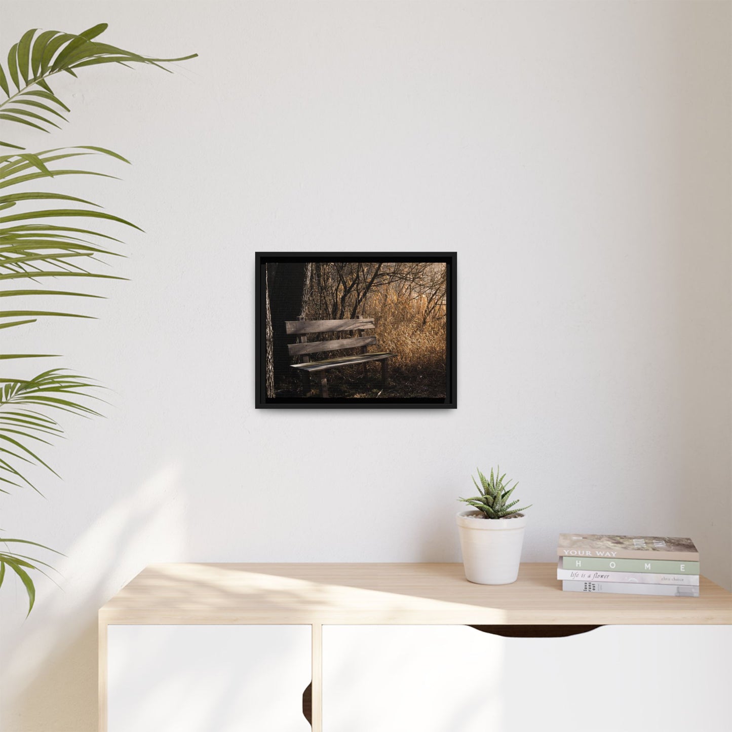 Framed Matte Canvas Print — Autumn Park Bench Photography