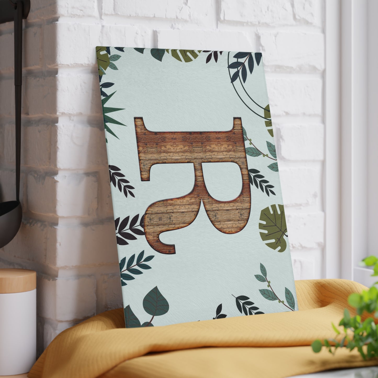 Monogram 'R' Glass Cutting Board — Rustic Wood Letter on Botanical Background