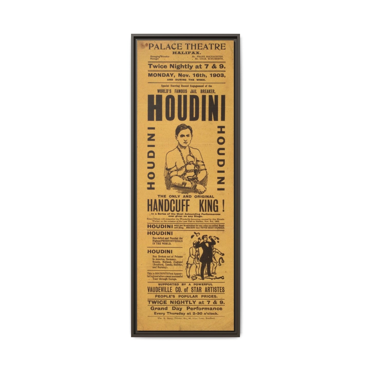 Houdini Vintage Poster Matte Canvas Print (Framed)