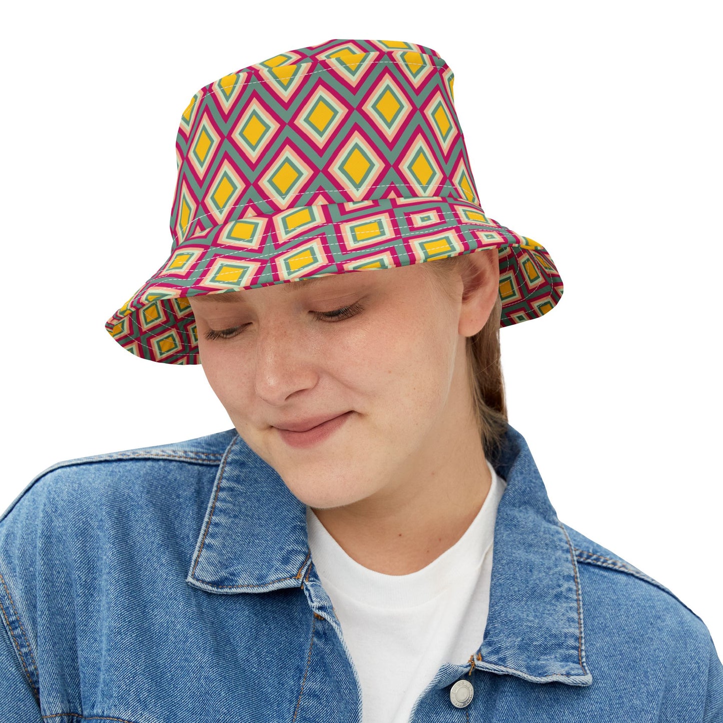 Diamond Geo Print Bucket Hat — Colorful Retro Festival Sun Hat