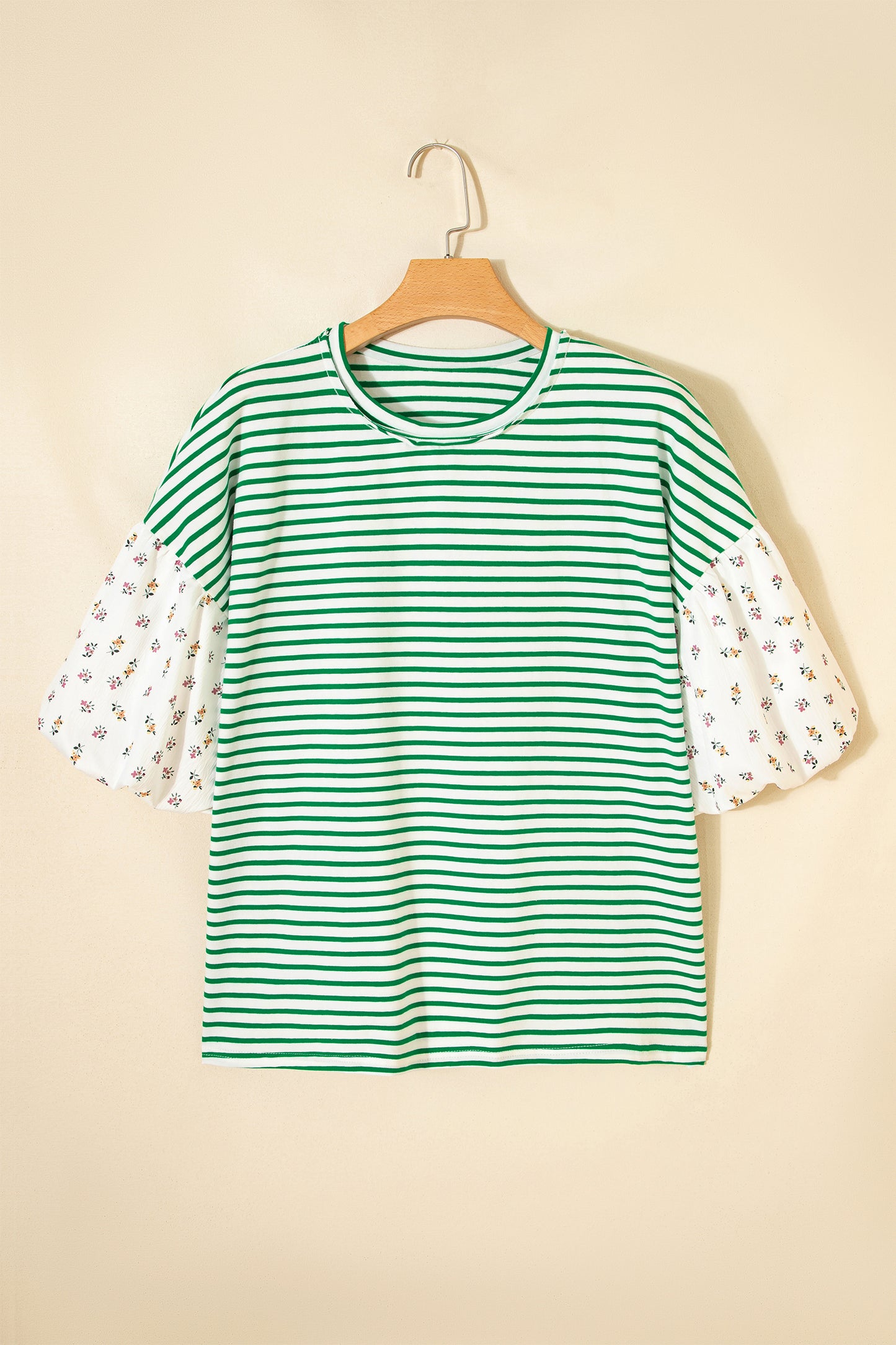 Green Stripe Floral Puff Sleeve Patchwork Round Neck Loose Top
