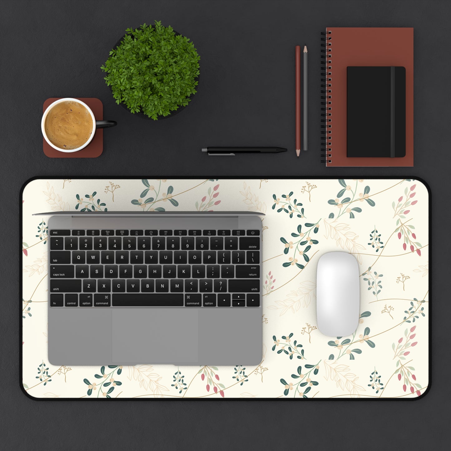 Floral Vine Desk Mat — Cream Botanical Mouse Pad for Home Office