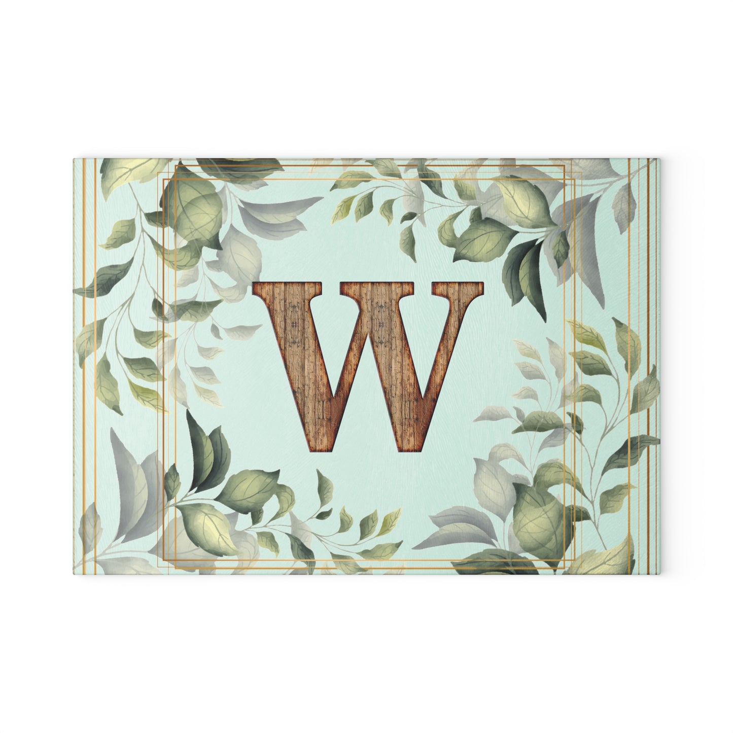 Monogram Glass Cutting Board — Rustic Wood 'W' with Greenery Border