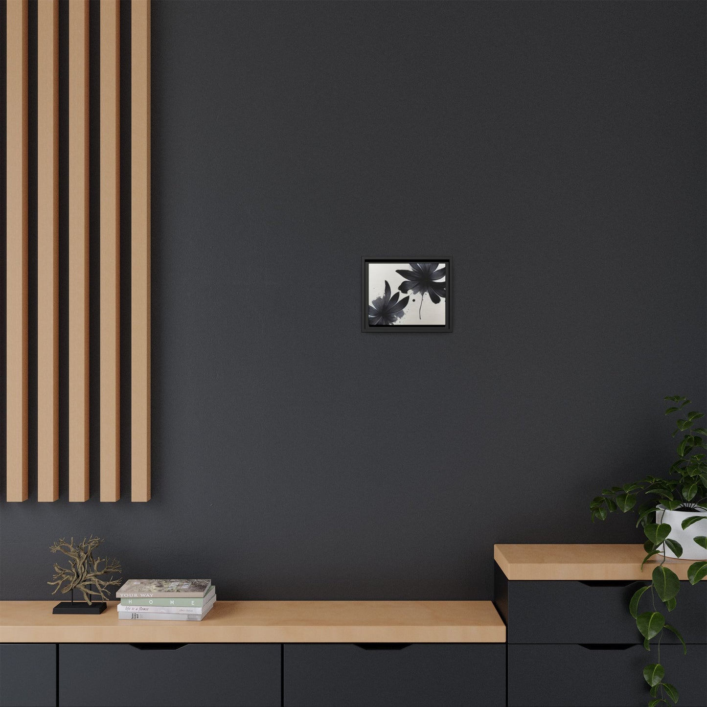 Framed Black Floral Matte Canvas Wall Art — Monochrome Botanical Print