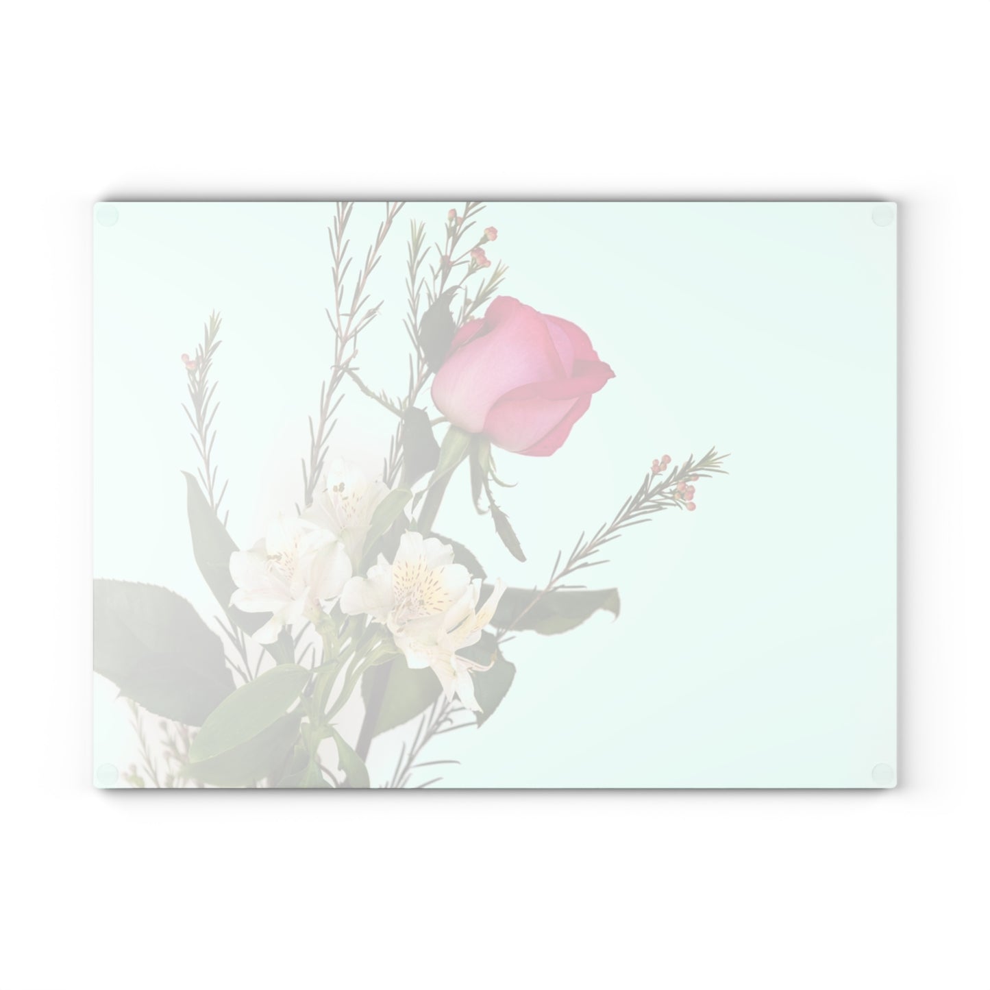 Floral Glass Cutting Board — Pink Rose on Mint Kitchen Prep Surface