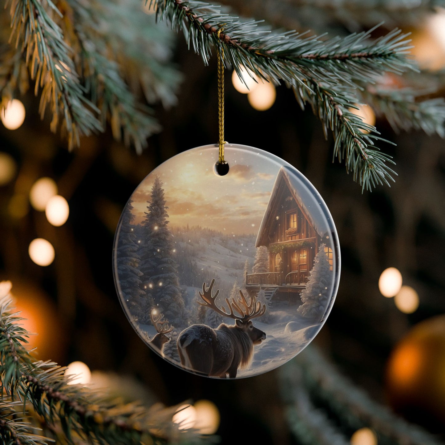 Rustic Winter Cabin Ceramic Ornament — Reindeer Scene Holiday Tree Decoration