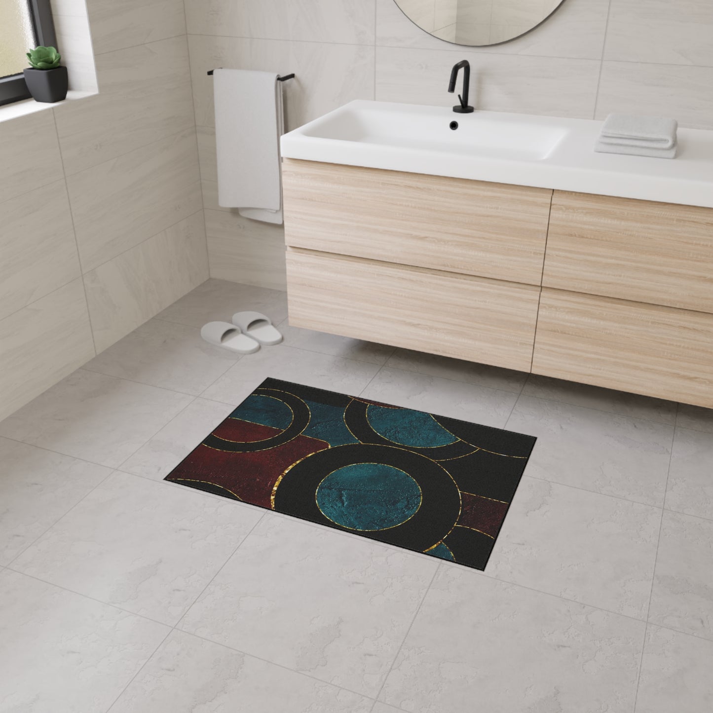 Heavy-Duty Floor Mat — Teal & Burgundy Modern Circle Entry Rug