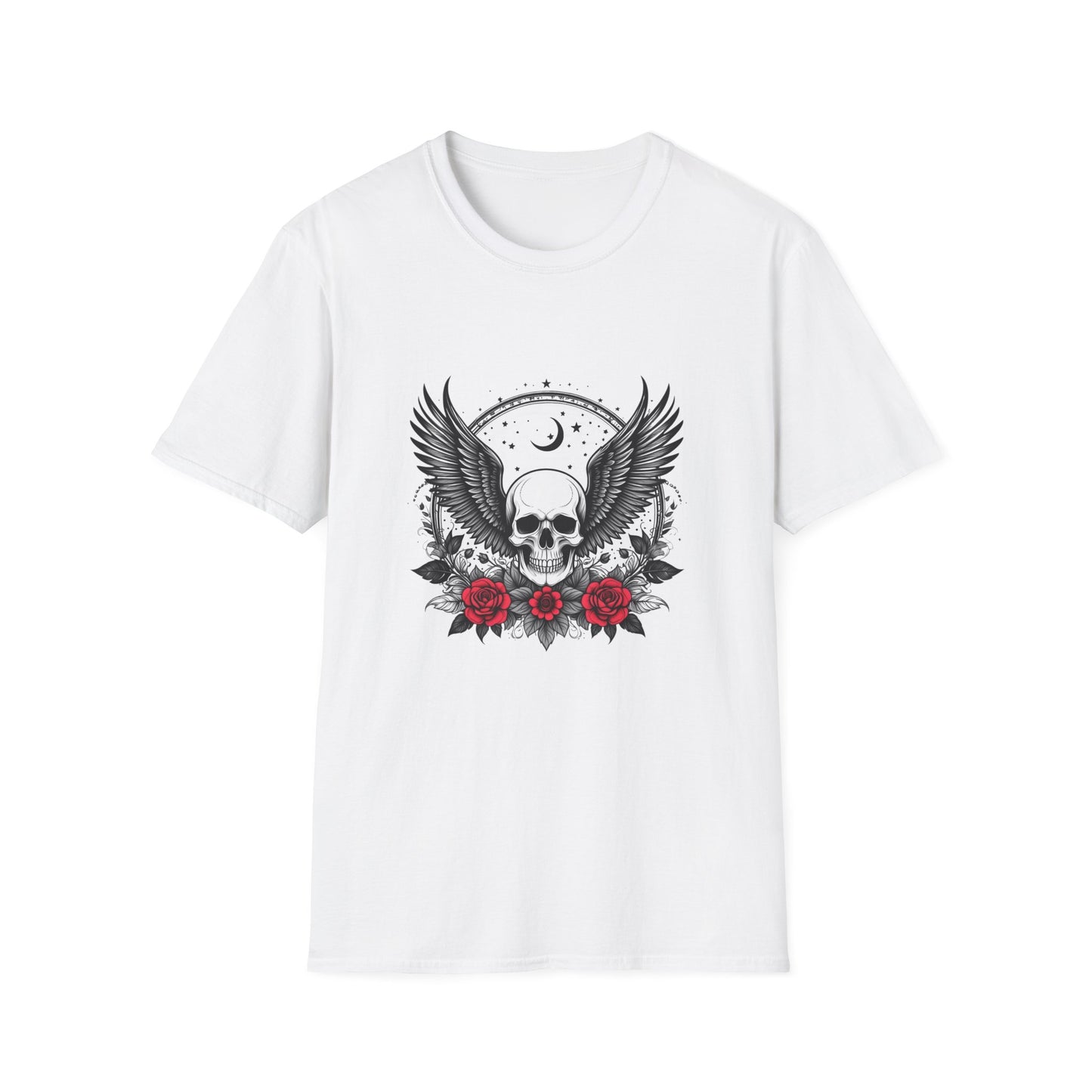 Skull Wings T‑Shirt – Crescent Moon & Red Roses Gothic Graphic Tee