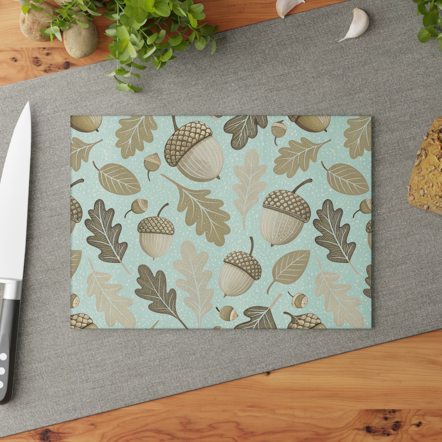 Acorn & Oak Leaves Glass Cutting Board — Autumn Kitchen Decor