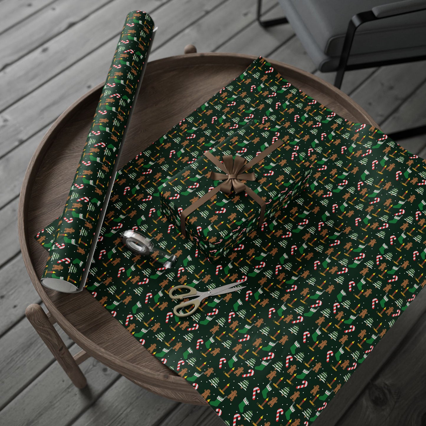 Christmas Wrapping Paper Roll — Gingerbread & Candy Cane Pattern on Dark Green