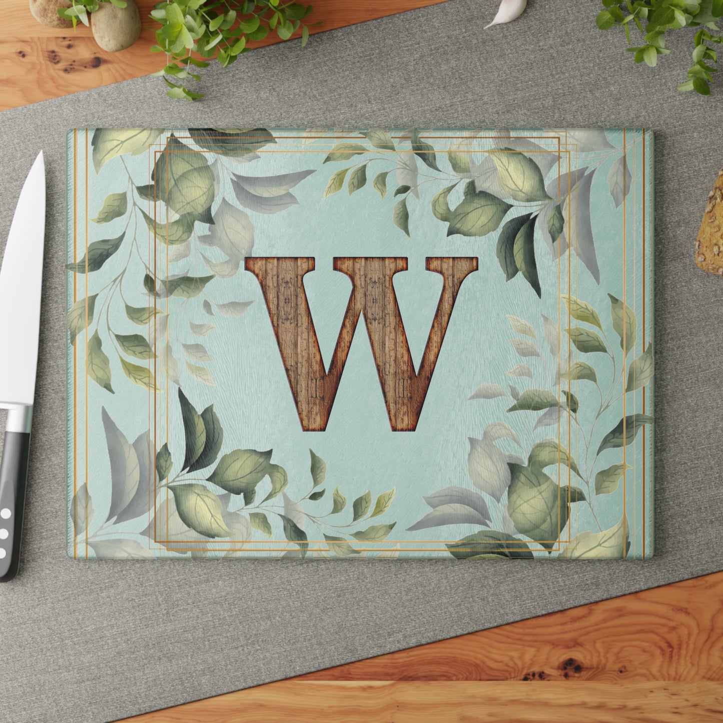 Monogram Glass Cutting Board — Rustic Wood 'W' with Greenery Border