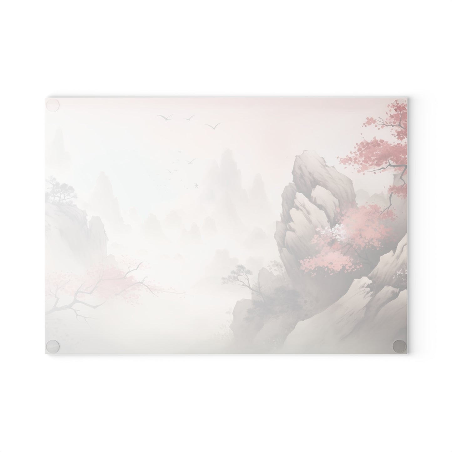 Glass Cutting Board — Pastel Japanese Landscape with Cherry Blossoms