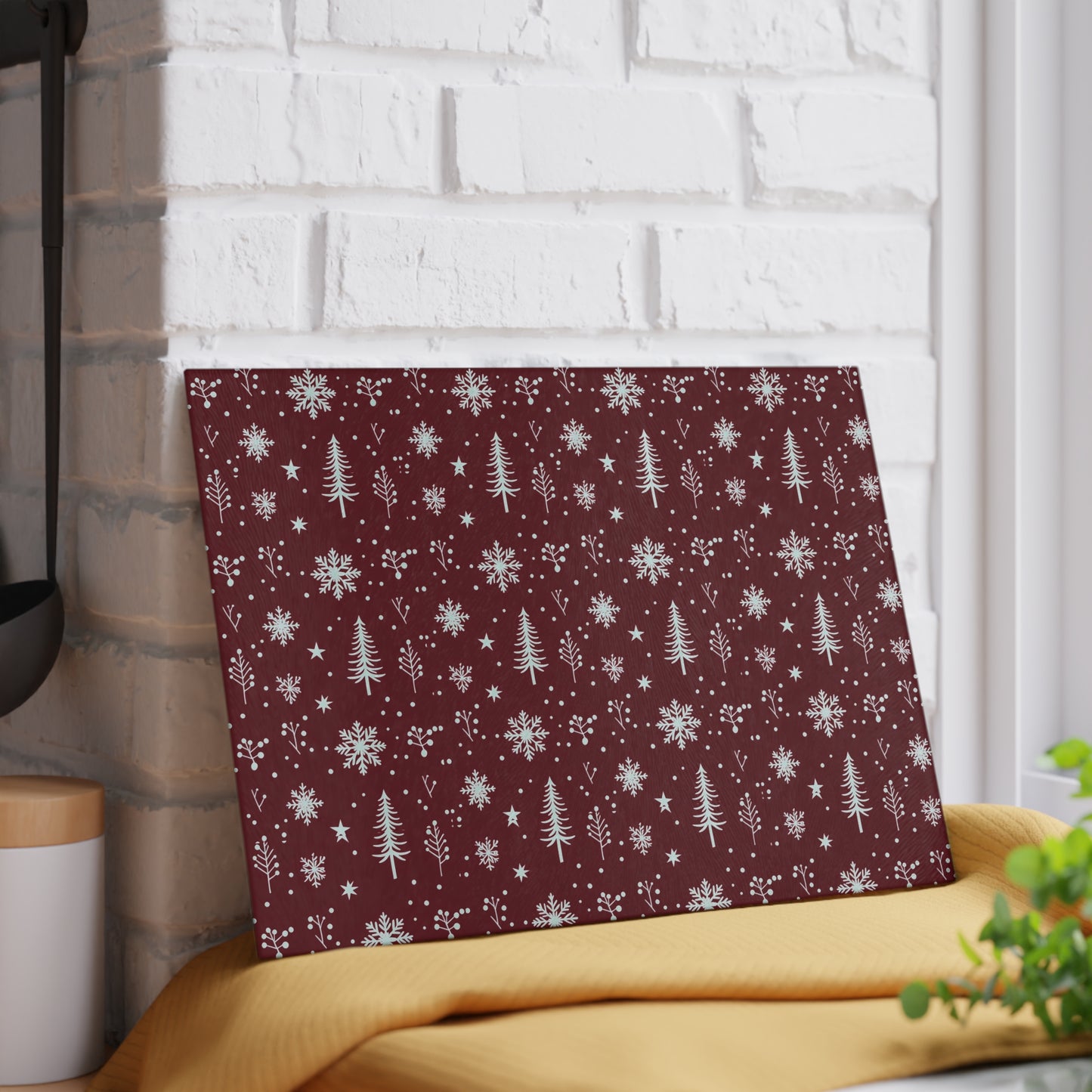 Holiday Snowflake & Pine Glass Cutting Board — Festive Winter Kitchen Decor