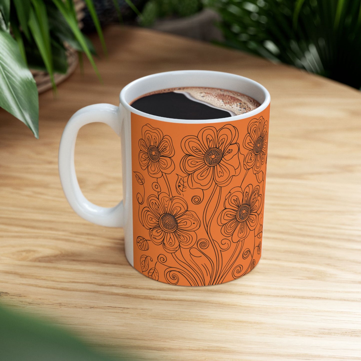 Orange Floral Ceramic Mug — Hand-Drawn Flower Pattern Coffee Tea Cup (11oz, 15oz)