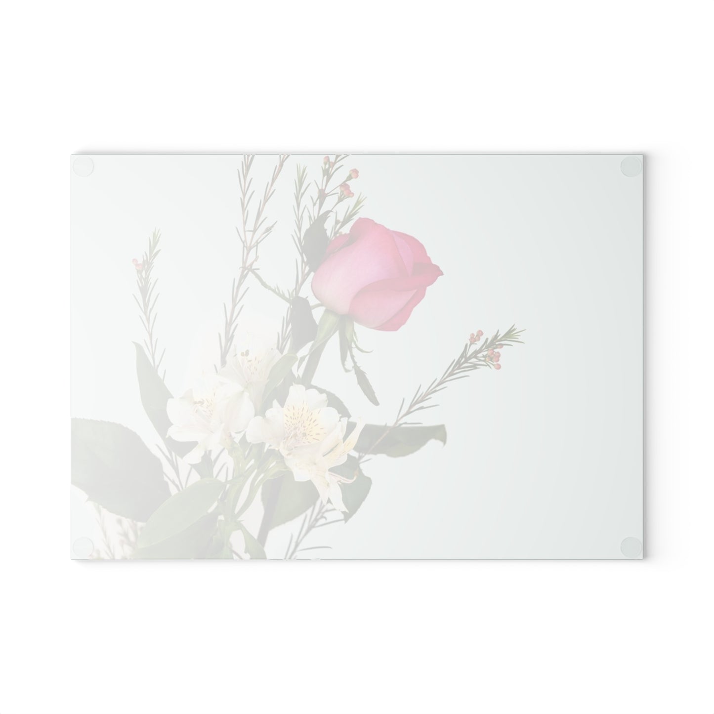 Floral Glass Cutting Board — Pink Rose on Mint Kitchen Prep Surface