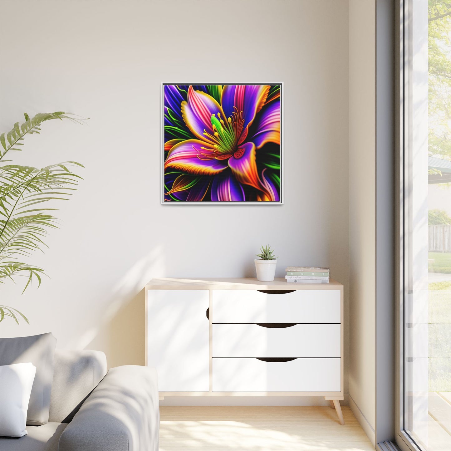 Vibrant Neon Floral Matte Canvas Print — Framed Wall Art
