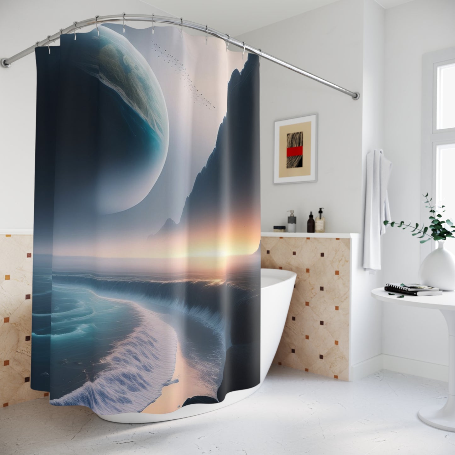 Shower Curtain — Cosmic Seascape Planet Beach Shower Curtain (Surreal Ocean Sunset)