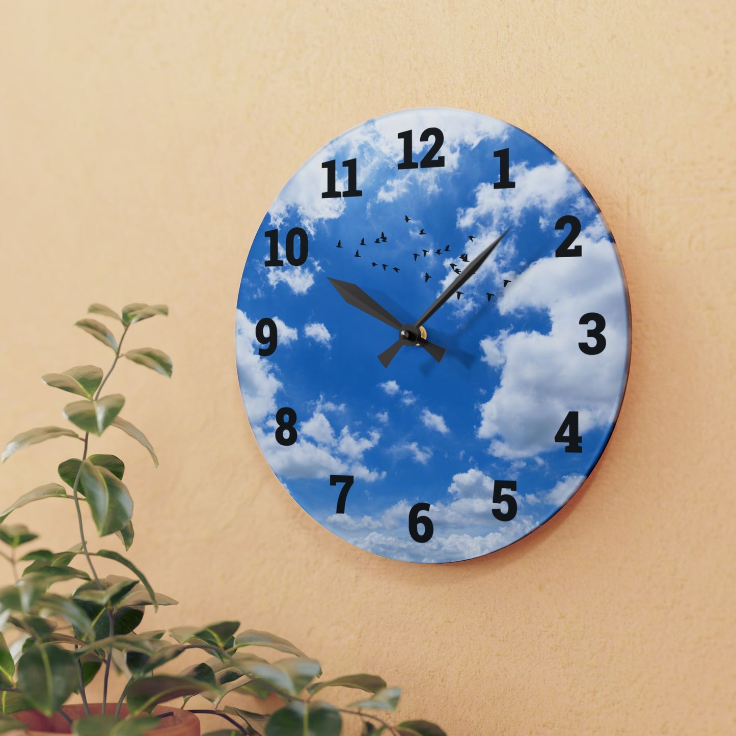 Sky Blue Acrylic Wall Clock - Modern Decor, Birds, Home Office, Unique Wall Art