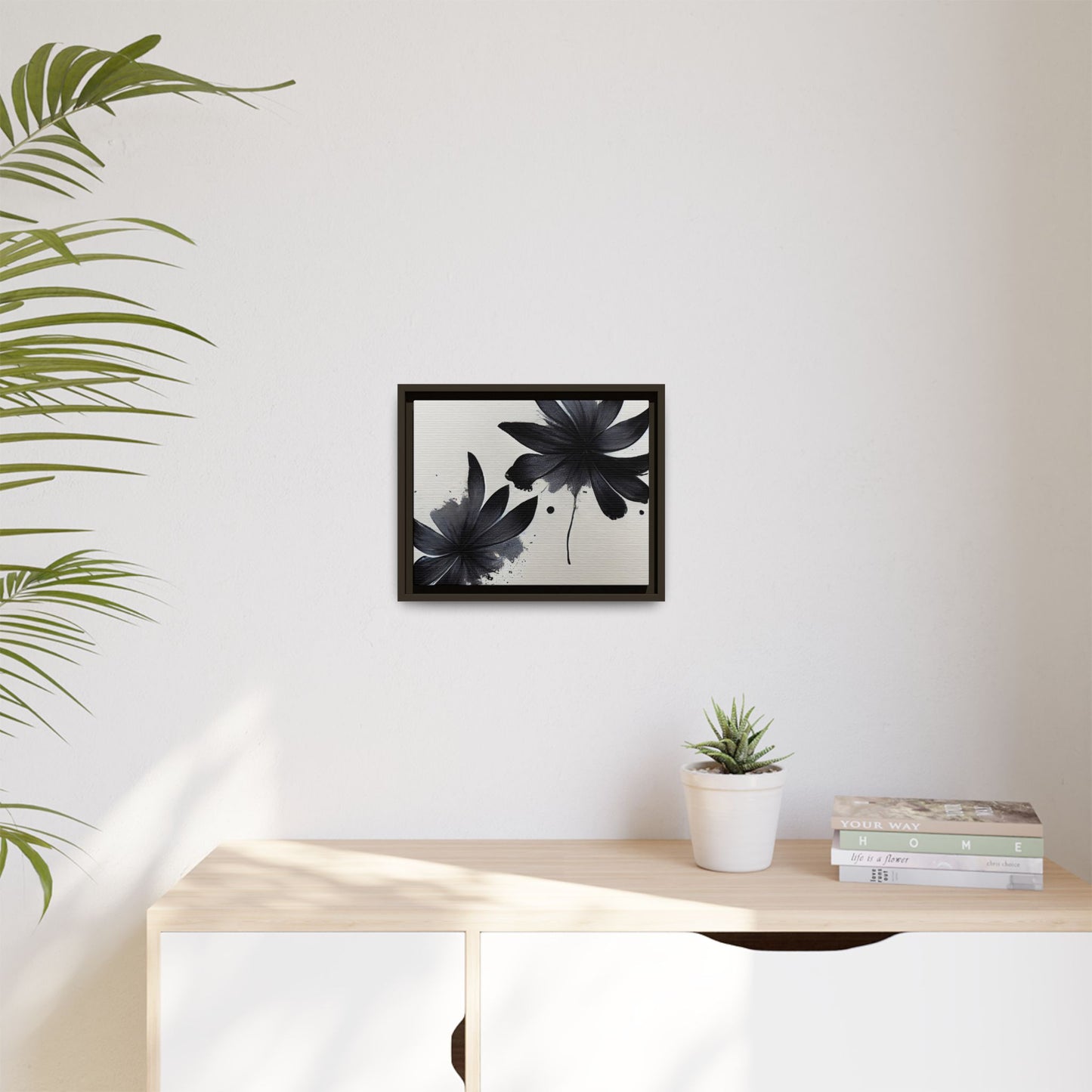 Framed Black Floral Matte Canvas Wall Art — Monochrome Botanical Print
