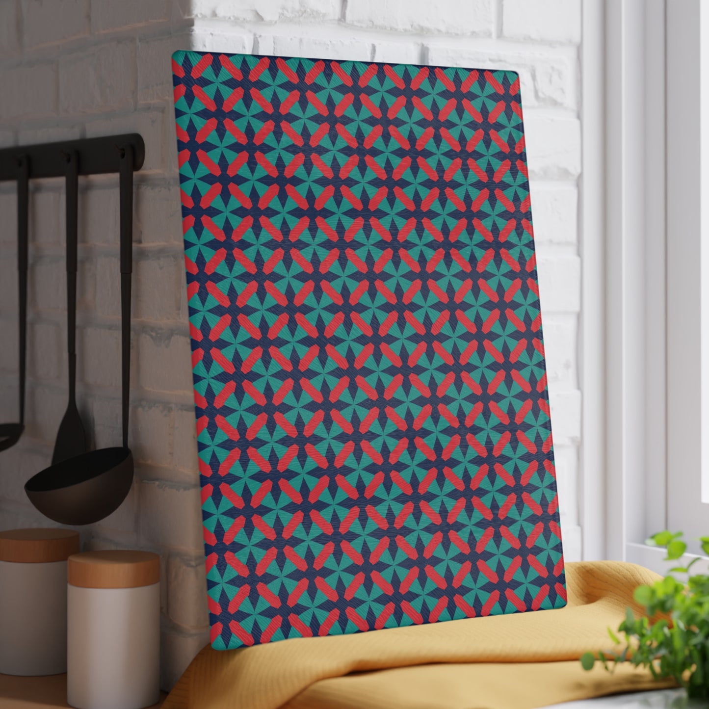 Geometric Star Tile Glass Cutting Board — Red & Teal Kitchen Decor