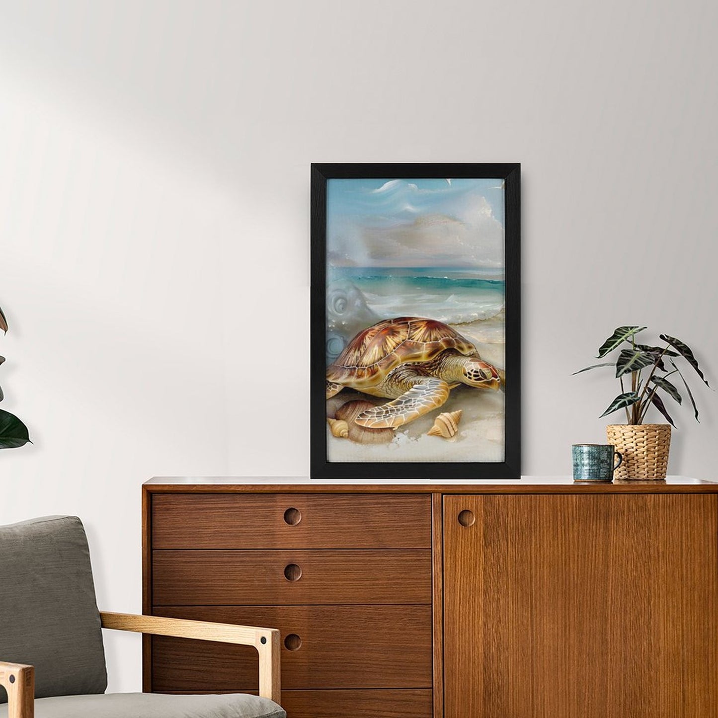Modern Outer-Framed Vertical Canvas Art Print-Abstract Minimalist Decor - Turtle